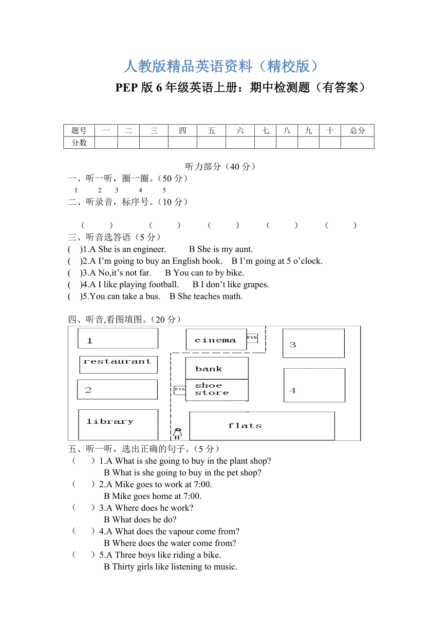 【精校版】PEP版6年级英语上册：期末检测题有答案含听力材料_第1页