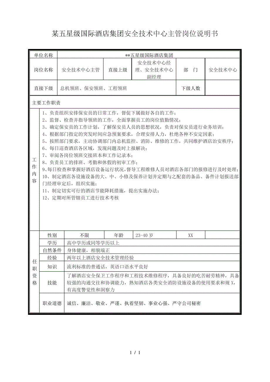 某五星级国际酒店集团安全技术中心主管岗位说明书_第1页
