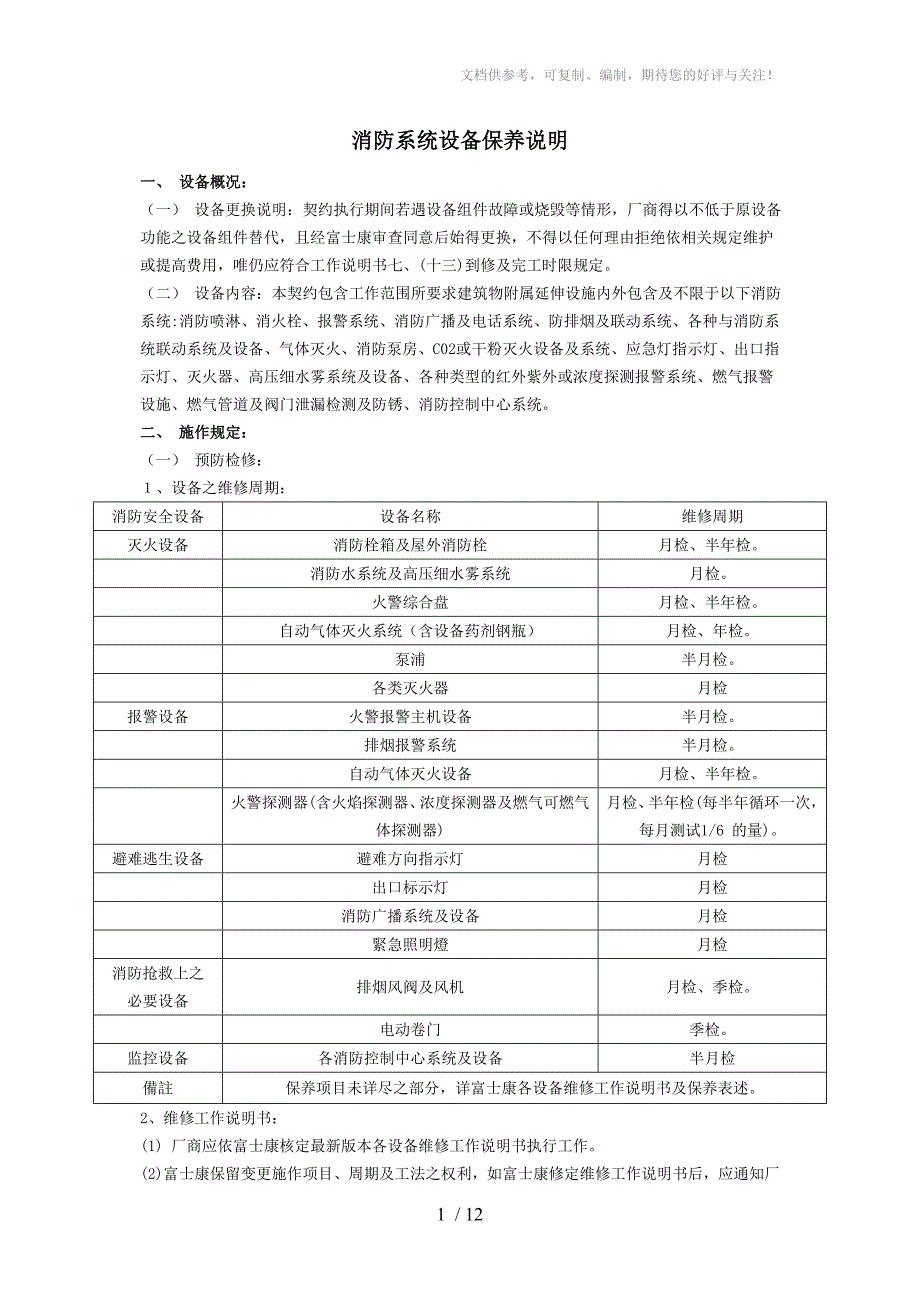 消防系统设备保养说明_第1页