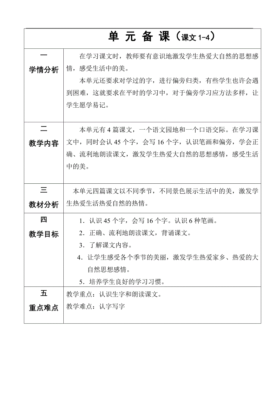 新版语文一年级上册单元备课_第4页