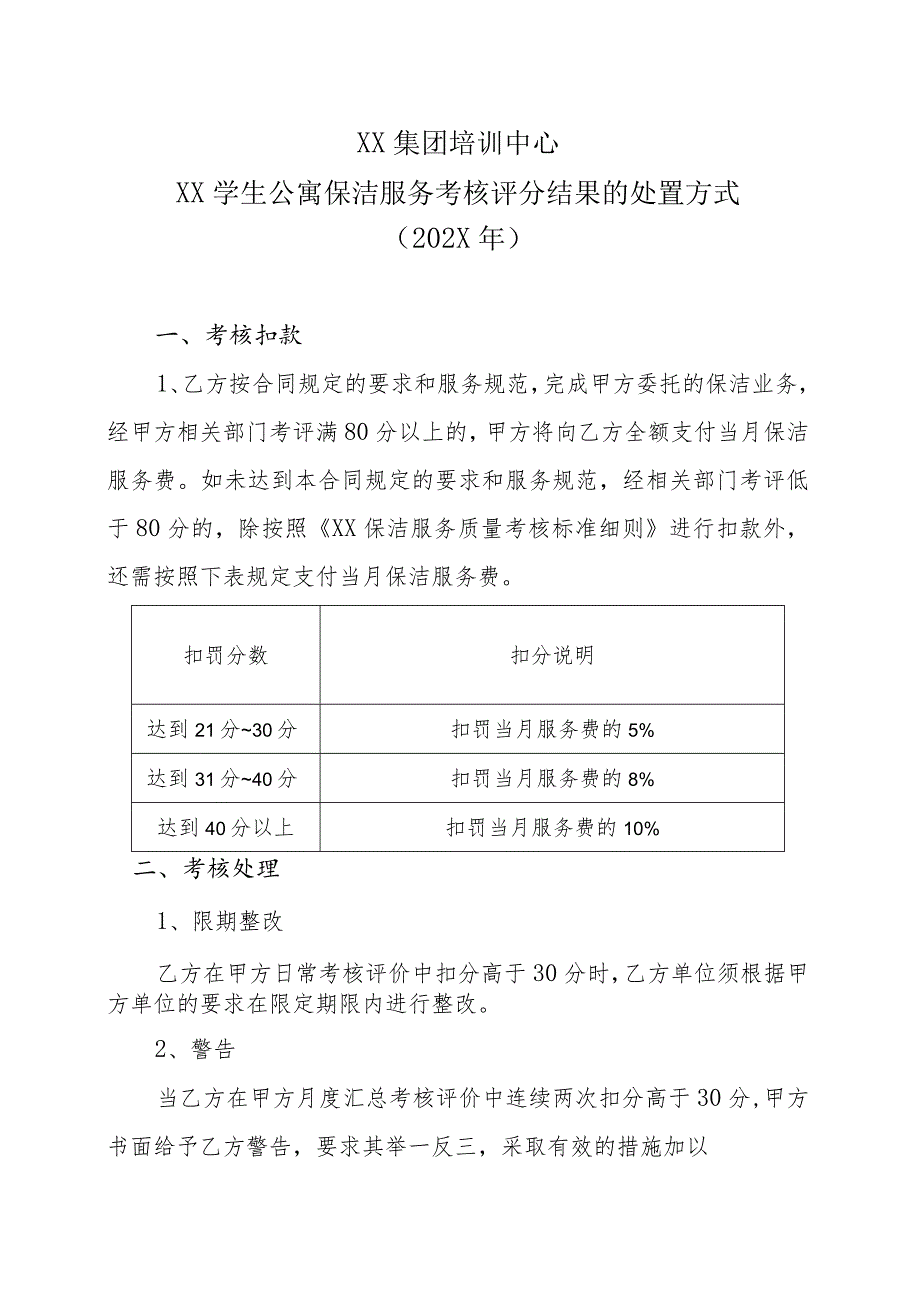 XX集团培训中心XX学生公寓保洁服务考核评分结果的处置方式（202X年）_第1页