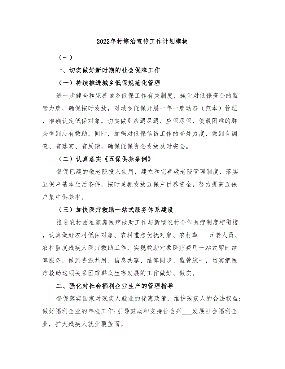 2022年村综治宣传工作计划模板_第1页