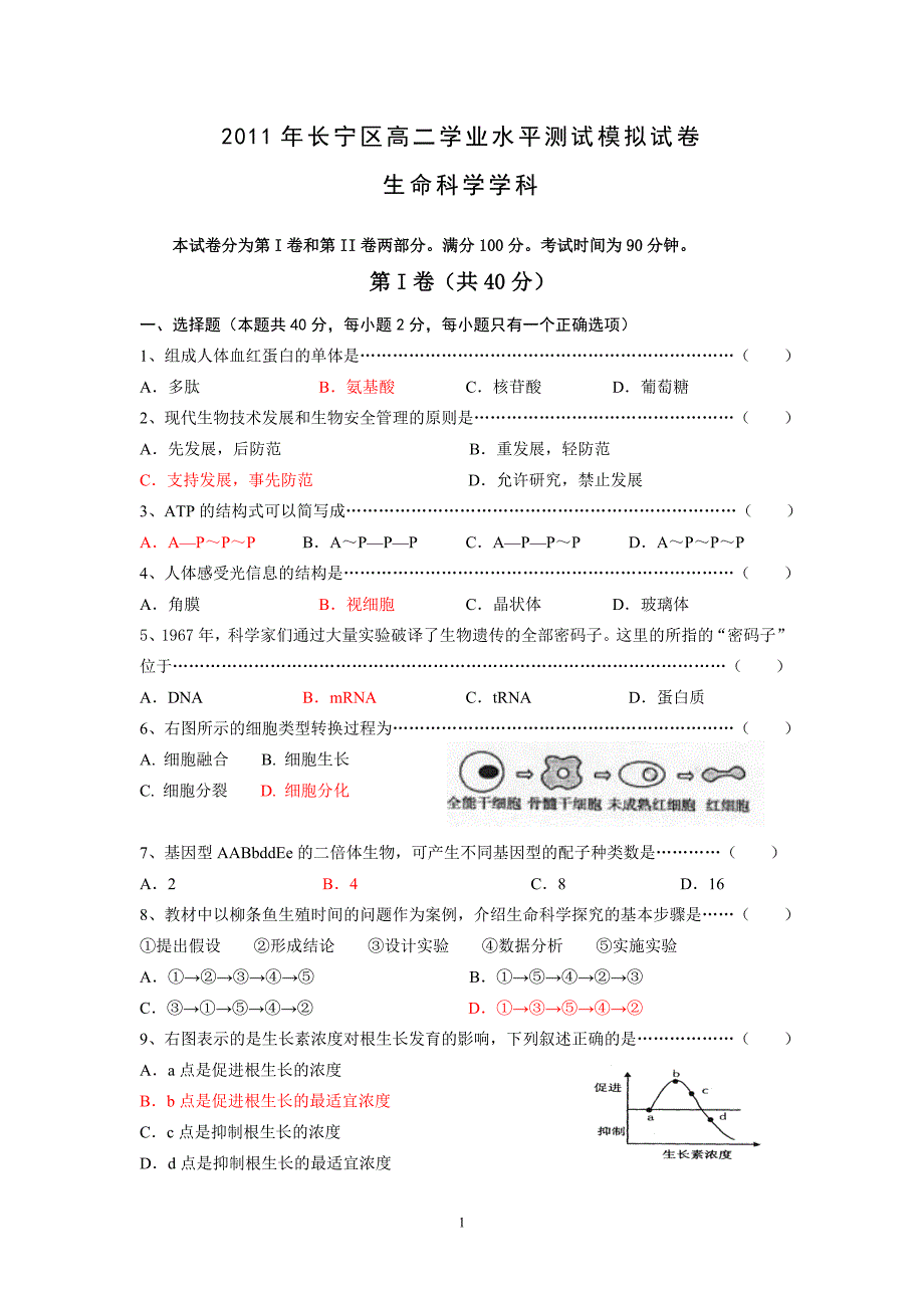 2011年长宁区高二学业水平测试模拟试卷&amp;答案.doc_第1页