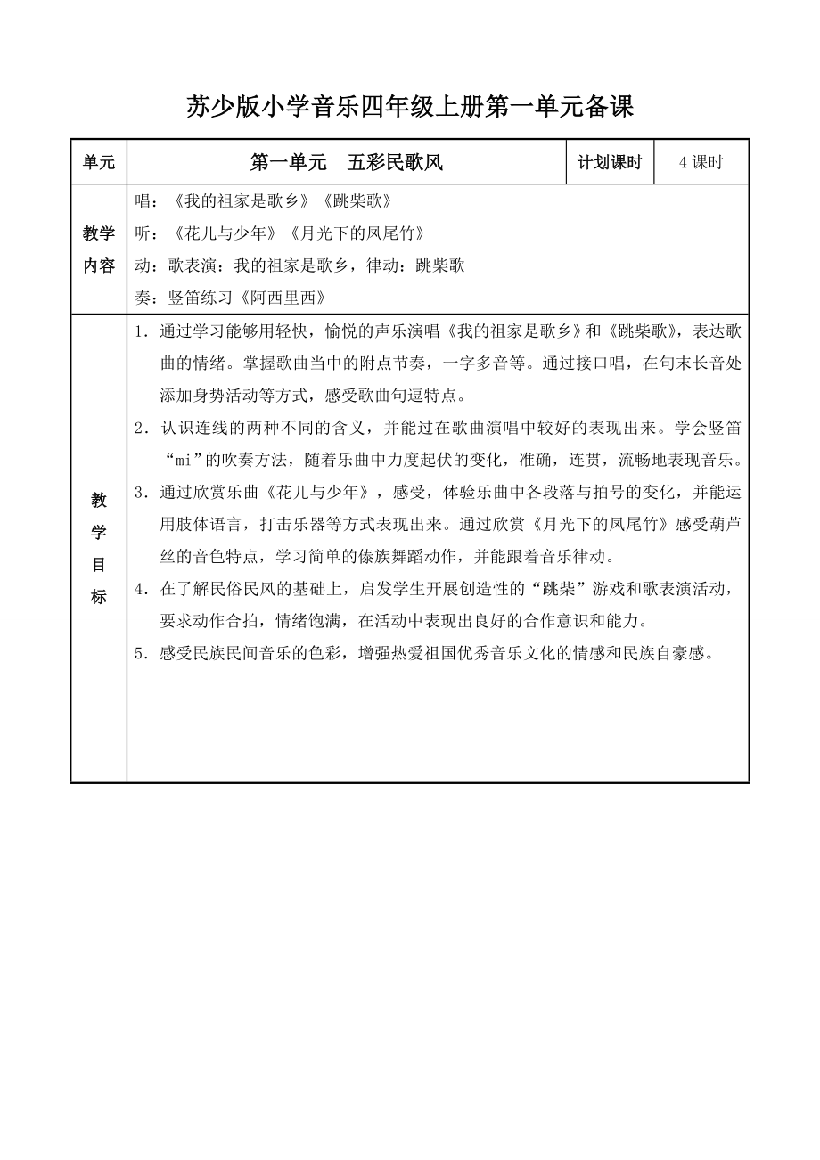 最新苏少版小学音乐四年级上册教案(全册)_第1页