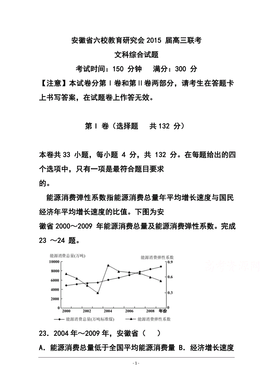 安徽省六校教育研究会高三第二次联考地理试题及答案_第1页