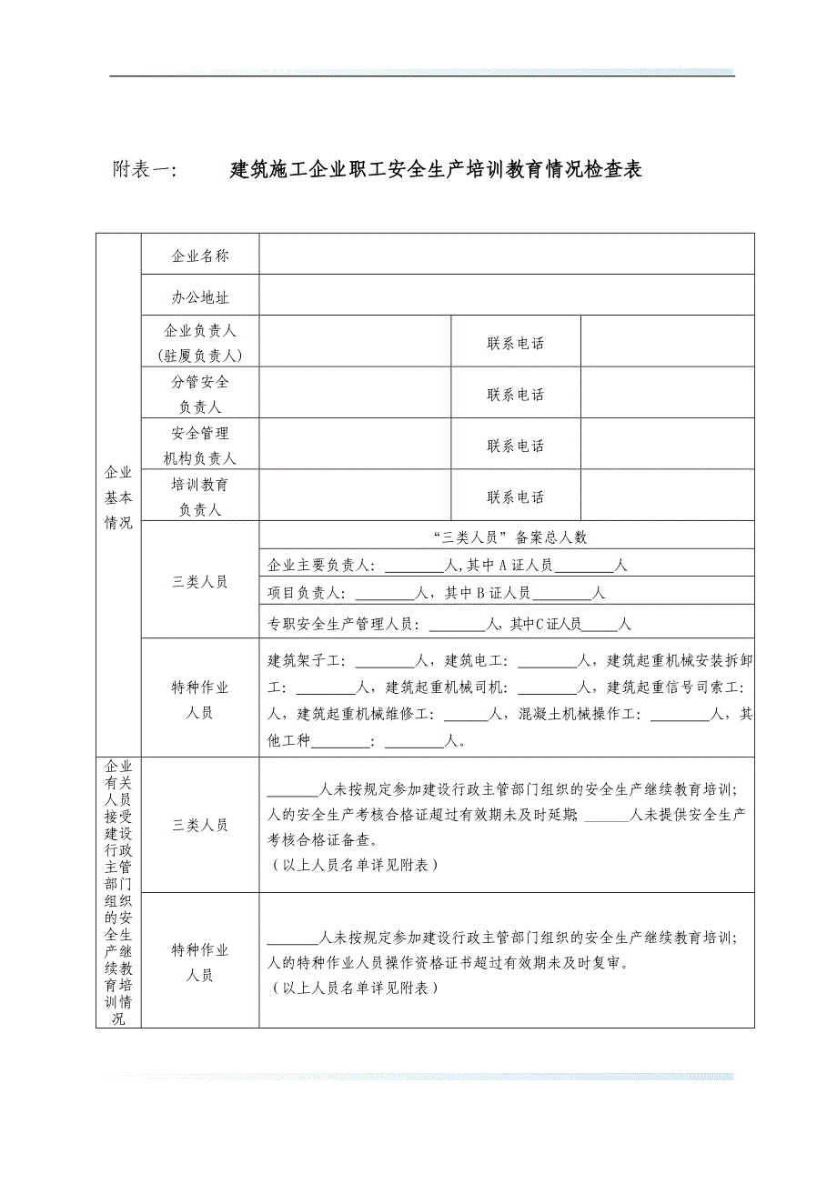 附表一建筑施工企业职工安全生产培训教育情况检查表_第1页