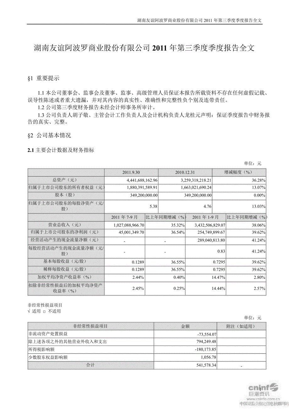 友阿股份：第三季度报告全文_第1页