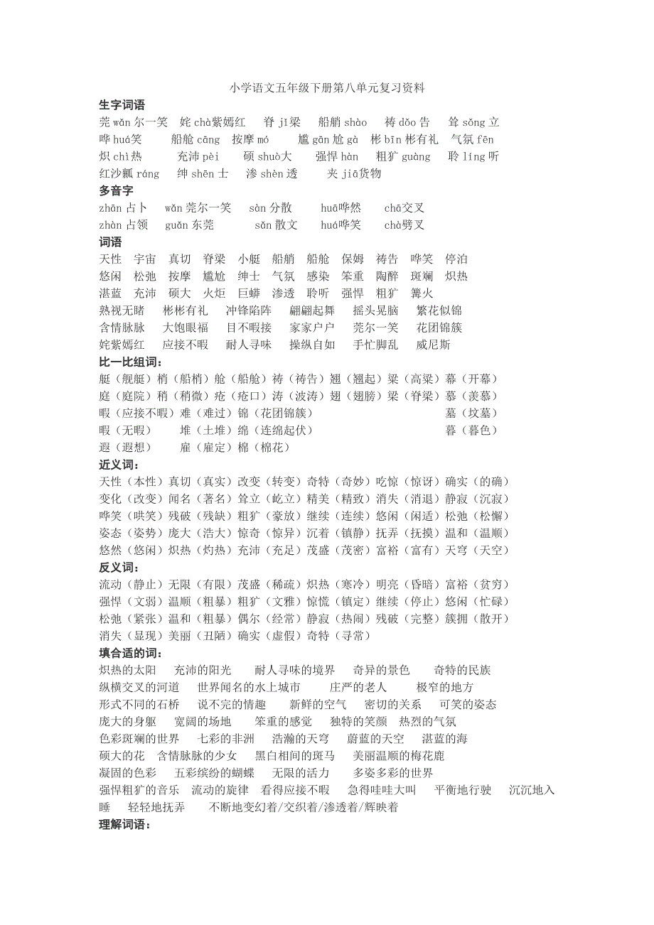 人教版小学语文五年级下册第八单元复习资料word.doc_第1页