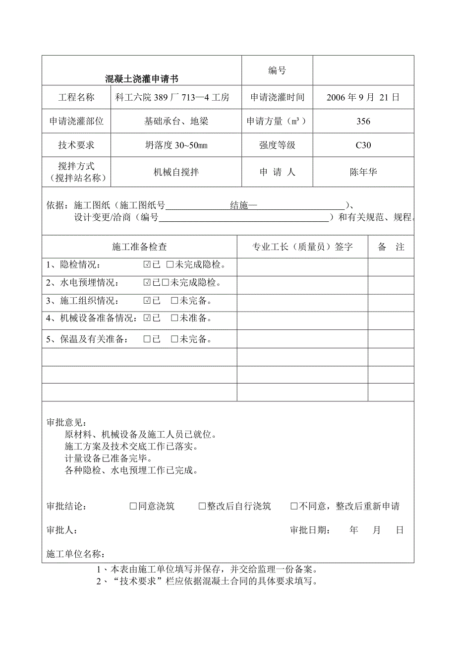 混凝土浇灌申请书_第1页