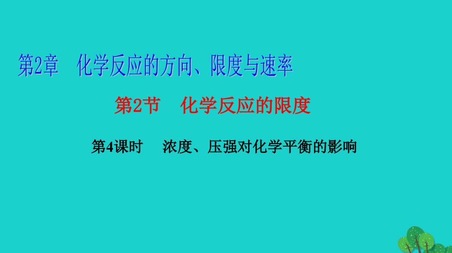 高中化学 第2章 化学反应的方向、限度与速率 2.2 化学反应的限度（第4课时）浓度、压强对化学平衡的影响课件 鲁科版选修4_第1页