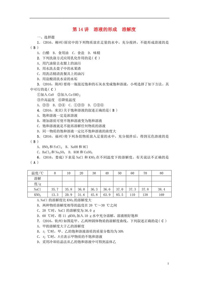 （广西地区）中考化学总复习第一篇考点聚焦第14讲溶液的形成溶解度检测