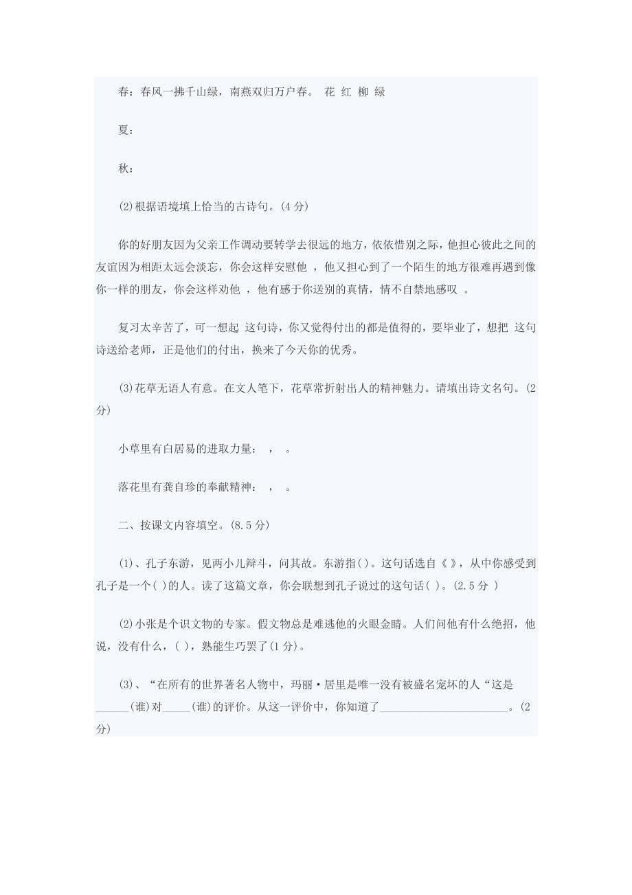 2012城花小升初：语文模拟试题(三)_第5页