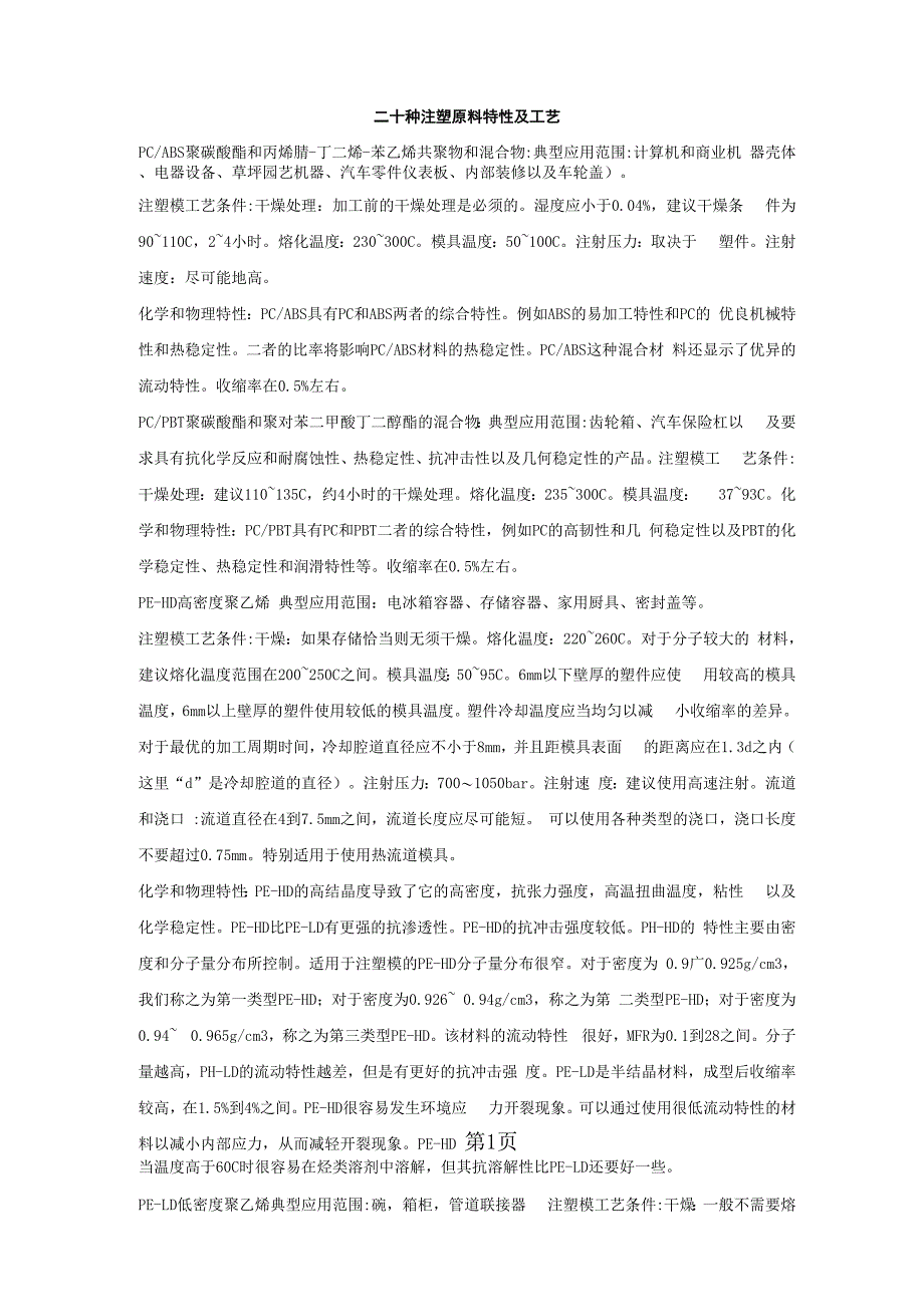 二十种注塑原料特性及工艺共12页文档_第1页