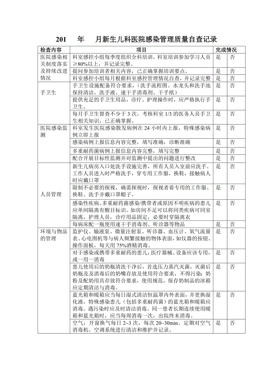 新生儿感染管理质量自查表_第1页