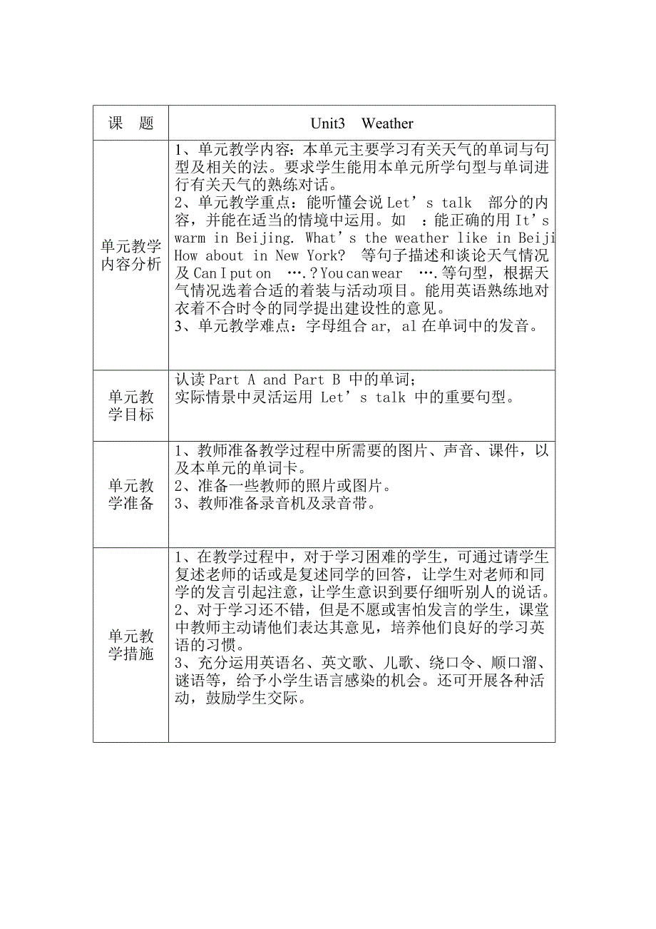 新人教版小学四年级英语下册unit3Weather教案_第1页
