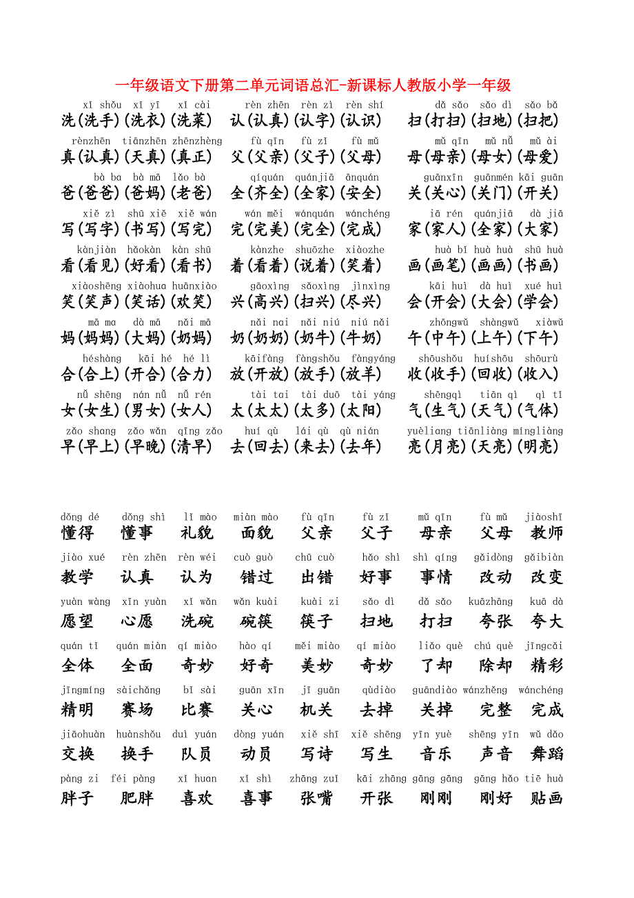 一年级语文下册第二单元词语总汇-新课标人教版小学一年级_第1页