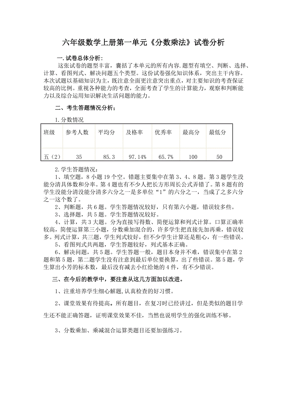 六2班数学第一单元分数乘法试卷分析_第1页