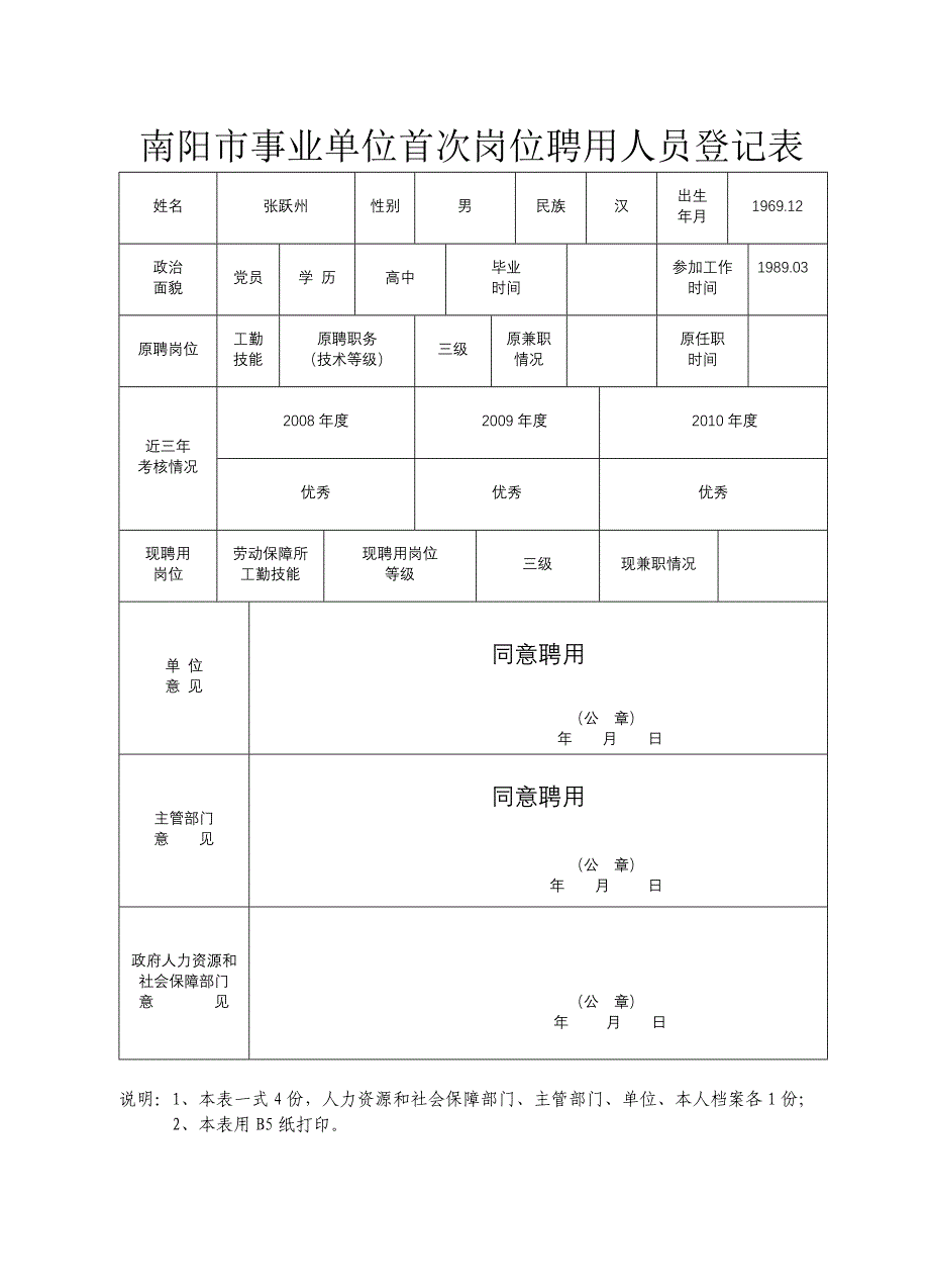 精品资料2022年收藏南阳市事业单位首次岗位聘用人员登记表doc_第1页