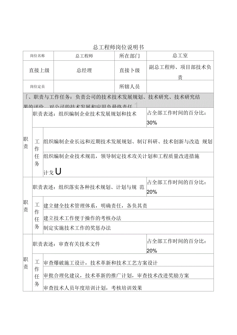 创新港湾工程公司总工程师岗位说明书_第1页