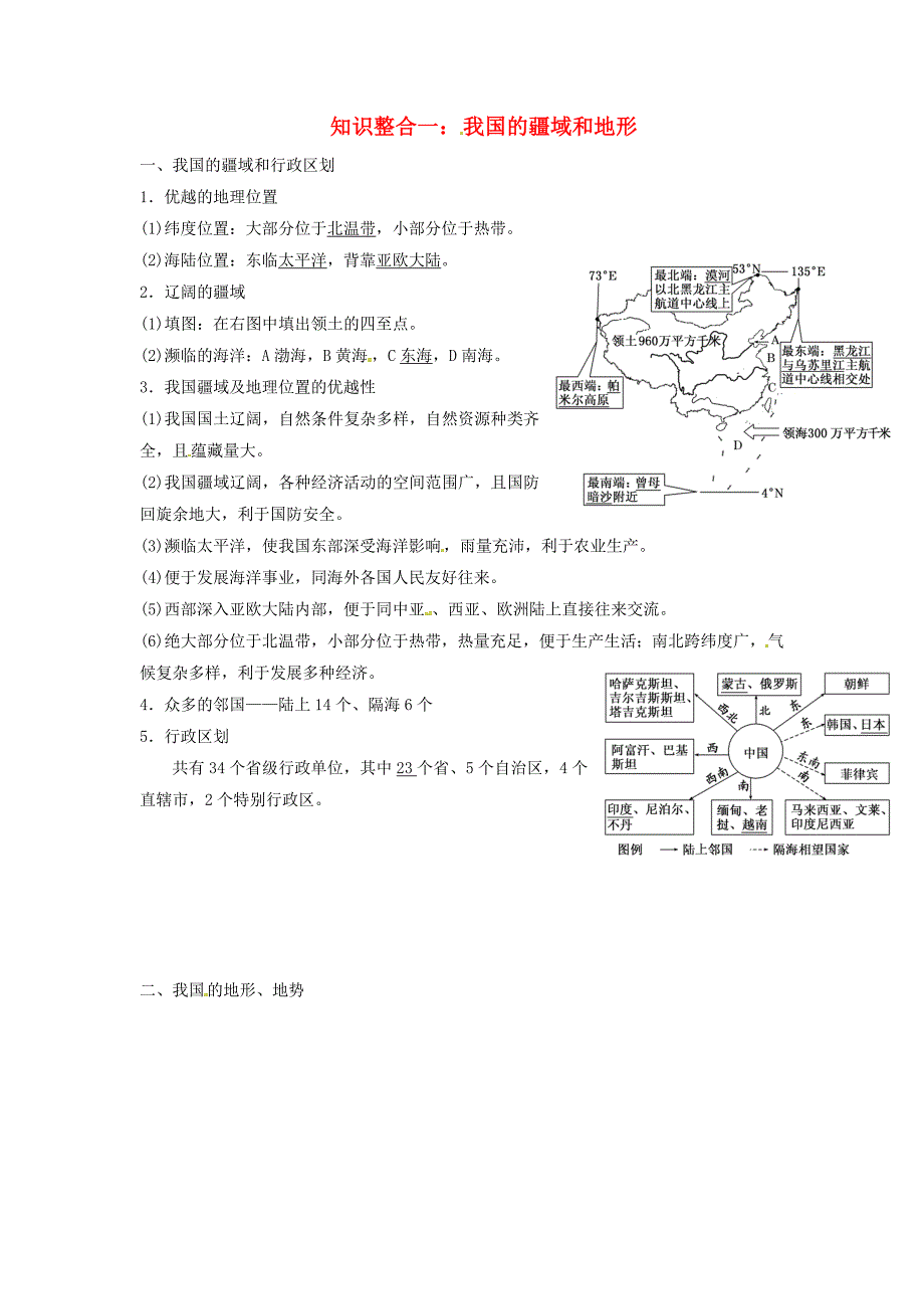 陕西省西安市中考地理专题四中国地理第一讲中国地理概况知识整合一我国的疆域和地形讲义中图版_第1页