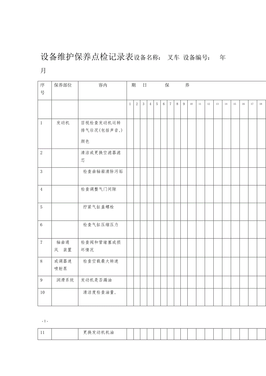 叉车日常维护保养记录表全面_第1页