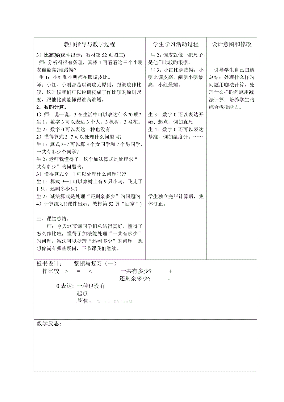 新版北师大版小学数学一年级上册整理与复习教案表格式_第2页