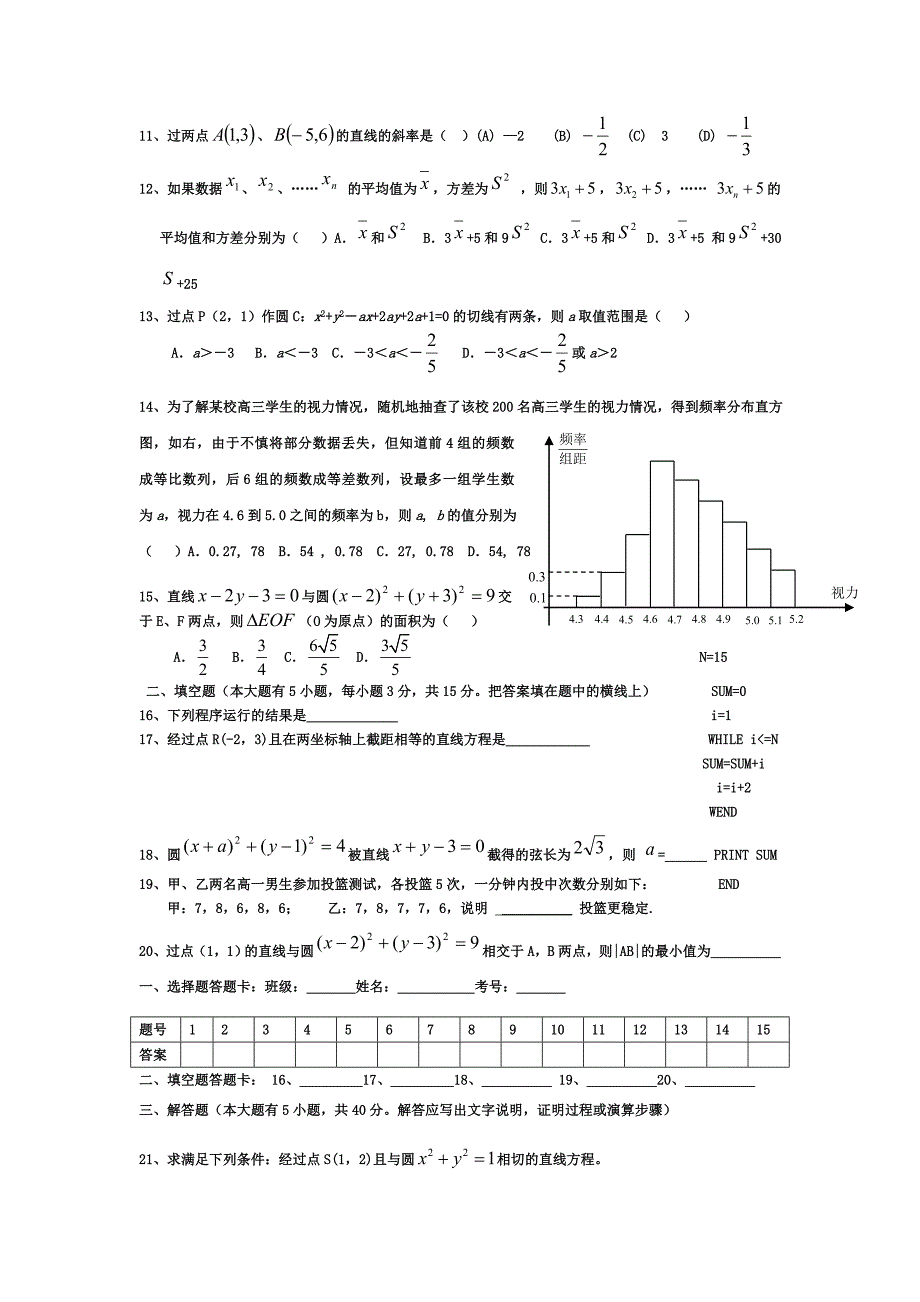 高二数学会考题直线与圆、算法及概率学业水平试题 新人教版_第2页