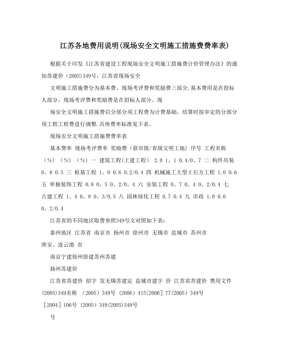 江苏各地费用说明&amp;#40;现场安全文明施工措施费费率表&amp;#41;试卷教案.doc_第1页