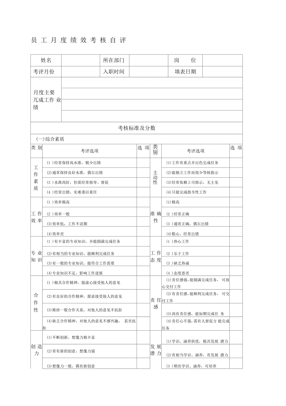 绩效考核员工自评表终_第1页