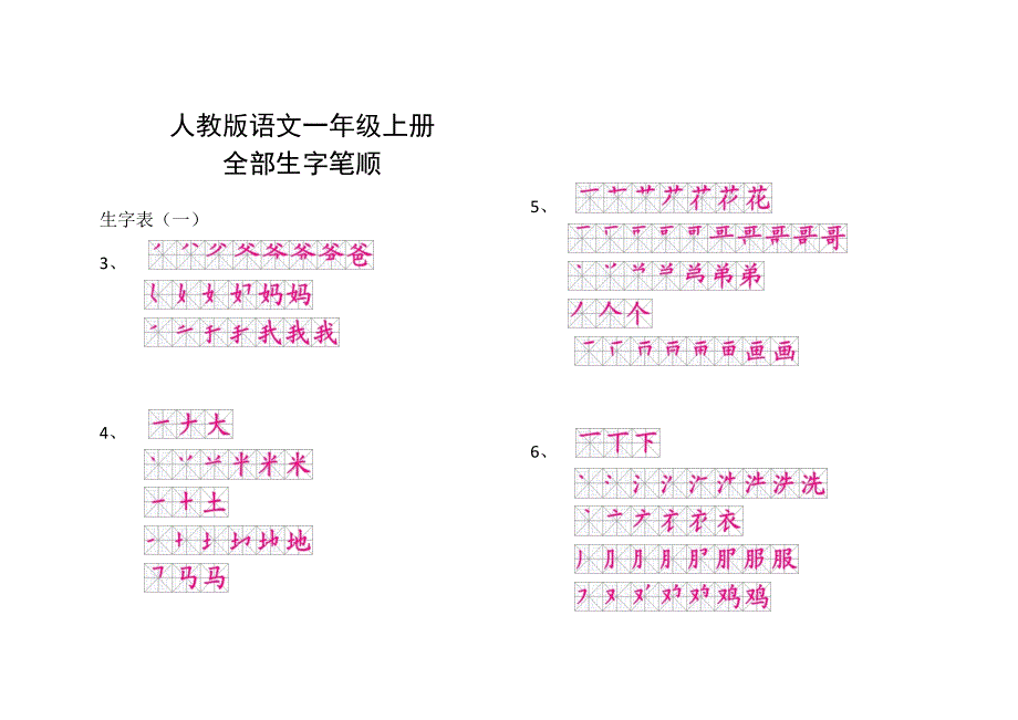 人教版语文一年级上册全部生字笔顺(按课文顺序整理)_第1页