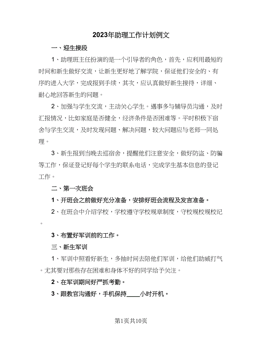 2023年助理工作计划例文（5篇）_第1页