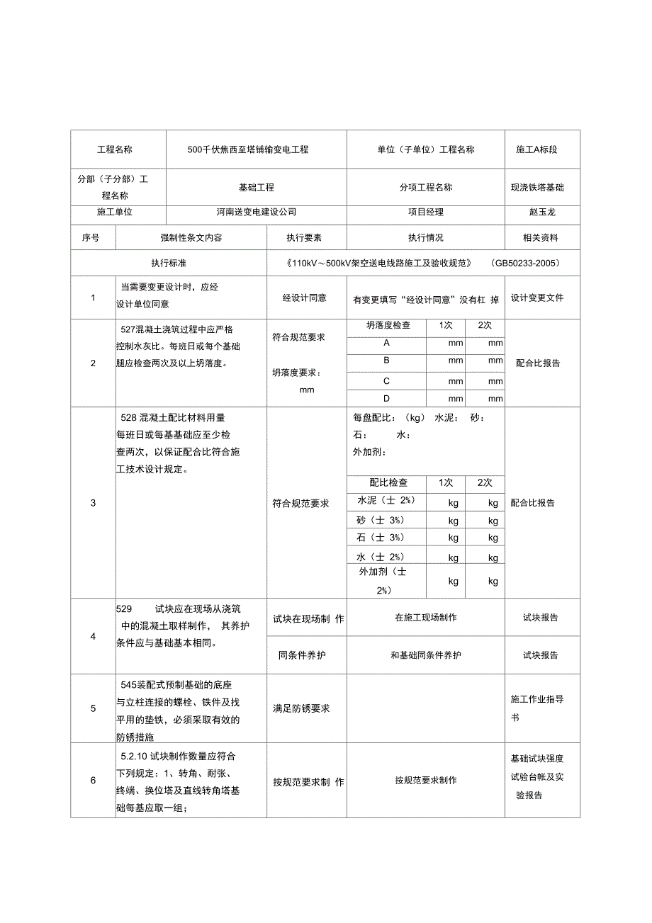 输电线路工程强条执行记录表样表_第1页