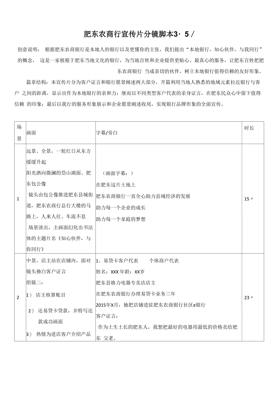 肥东农商行宣传片拍摄脚本1208_第1页