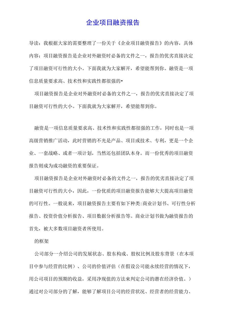 企业项目融资报告_第1页