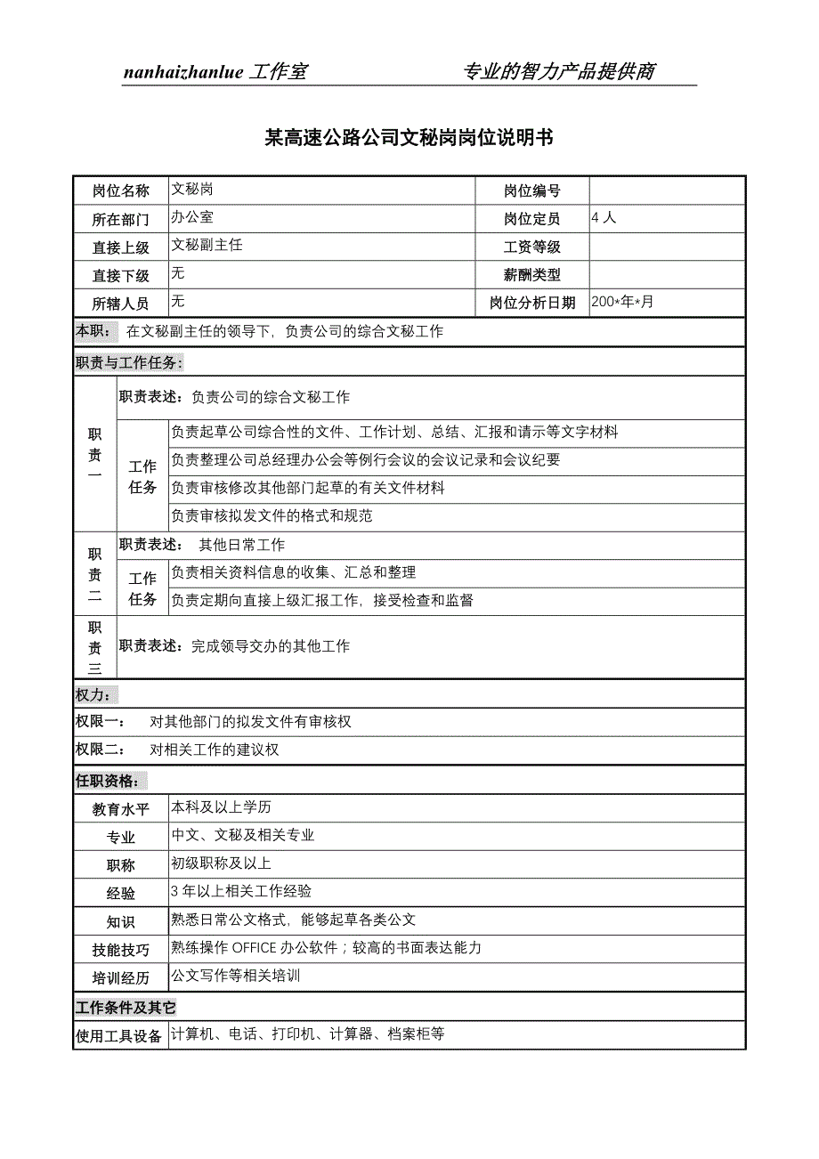 某高速公路公司文秘岗岗位说明书_第1页