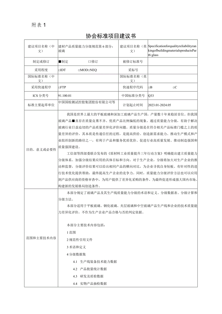 标准项目建议书《建材产品质量能力分级规范 第6部分：玻璃》_第1页