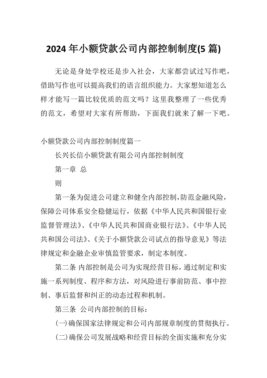 2024年小额贷款公司内部控制制度(5篇)_第1页