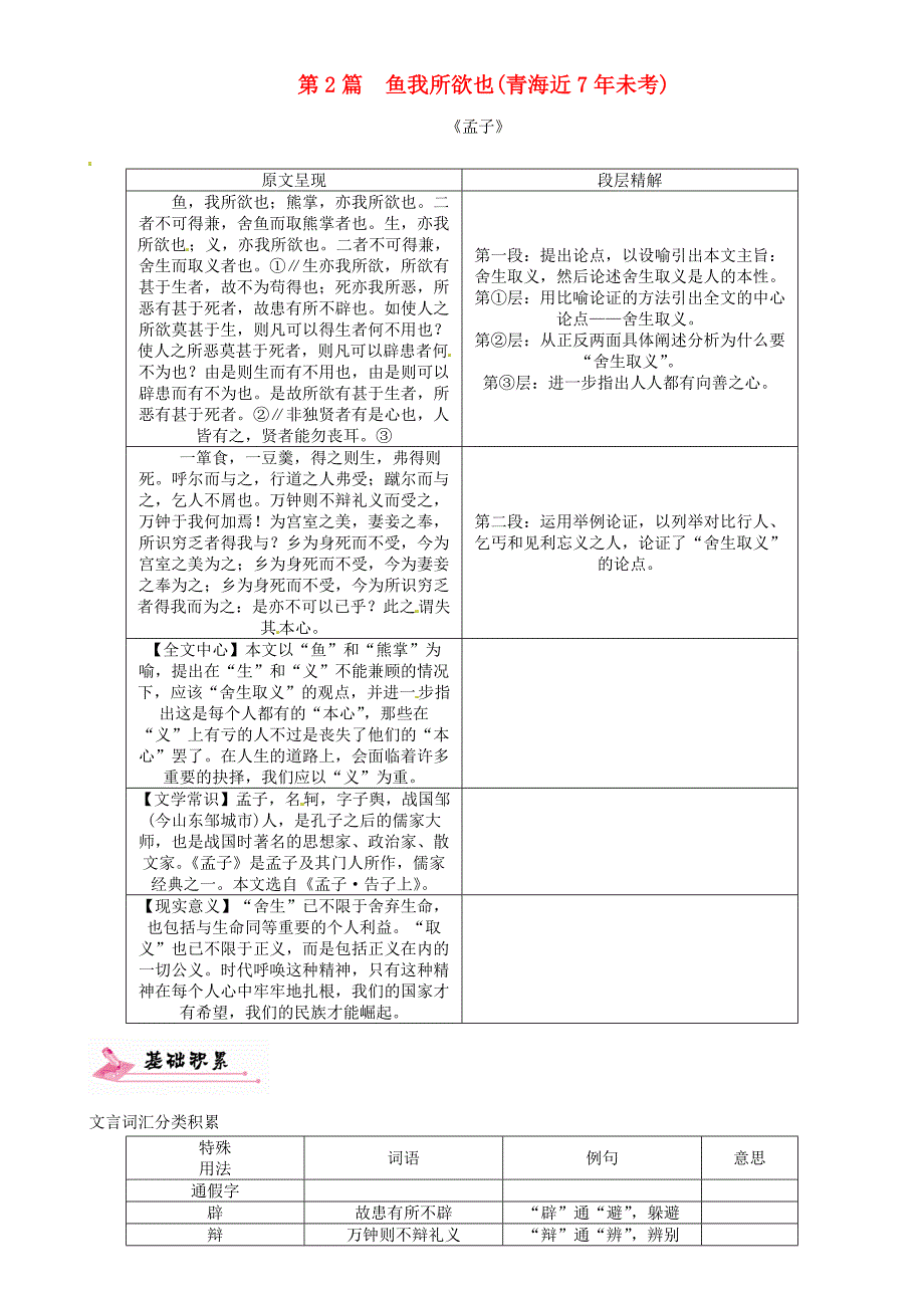 中考语文总复习 第一编 教材知识梳理篇 专题六 九下 第二节 重点文言文解析 第2篇 鱼我所欲也(青海近7年未考)_第1页