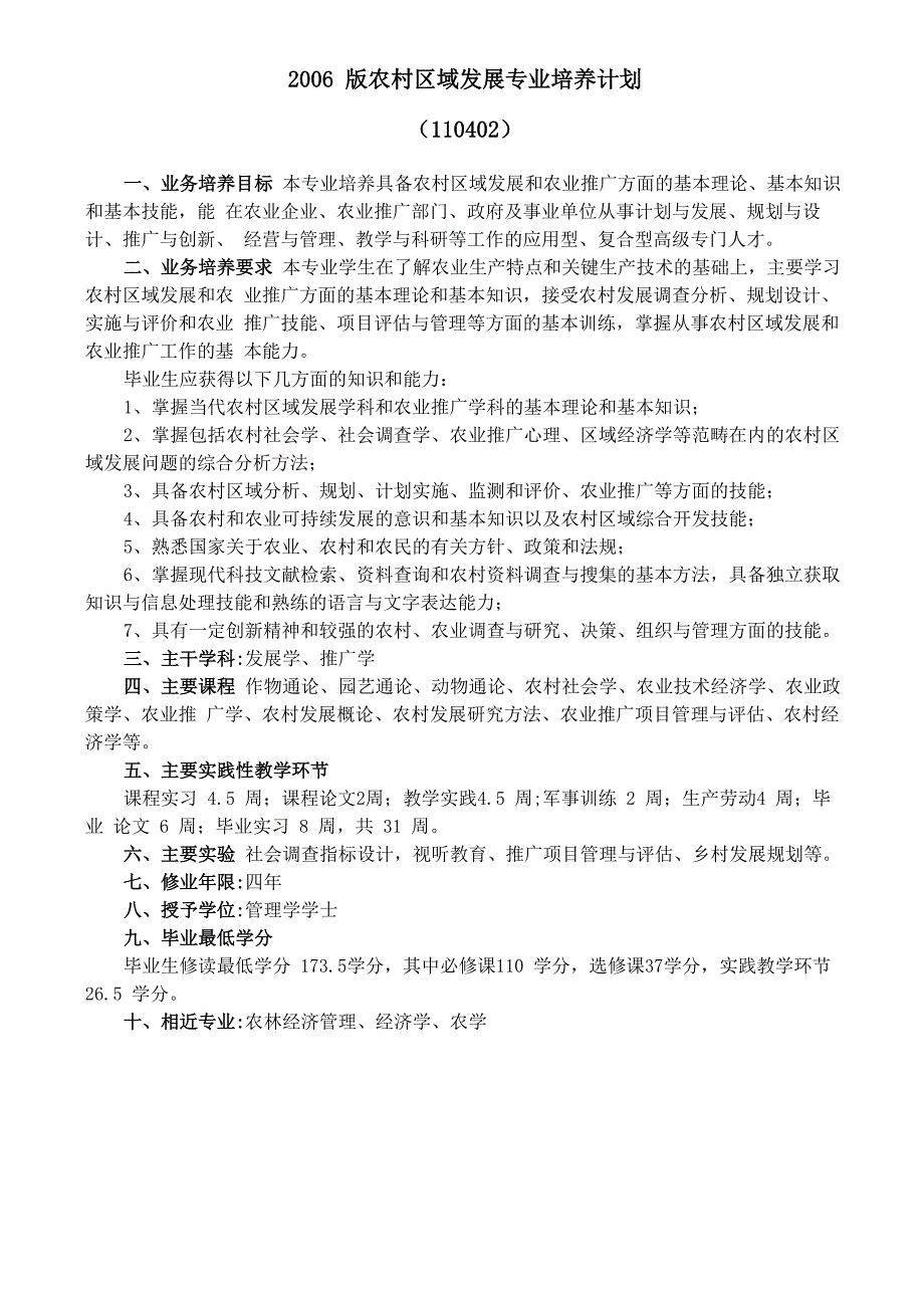 农村区域发展专业培养计划_第1页