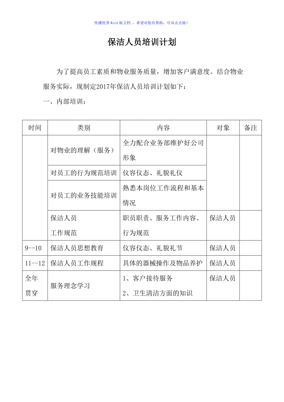 保洁部人员培训计划Word版_第1页