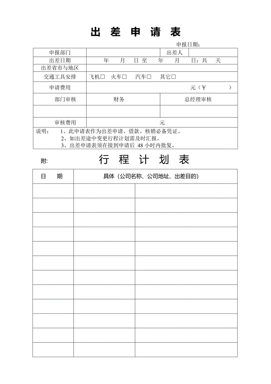 公司员工出差申请表及行程表(最新整理)_第1页