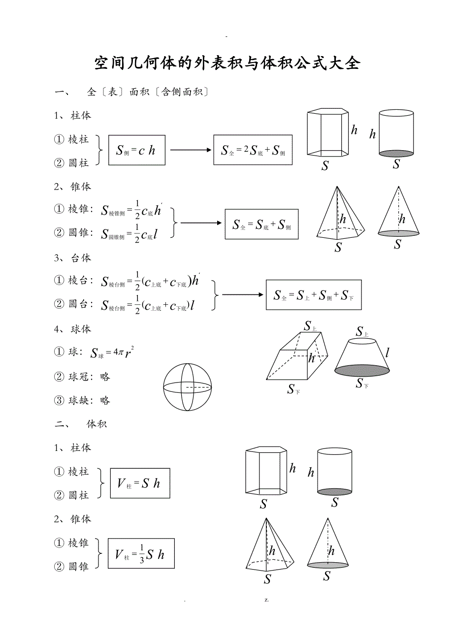 空间几何体的表面积及体积公式大全_第1页
