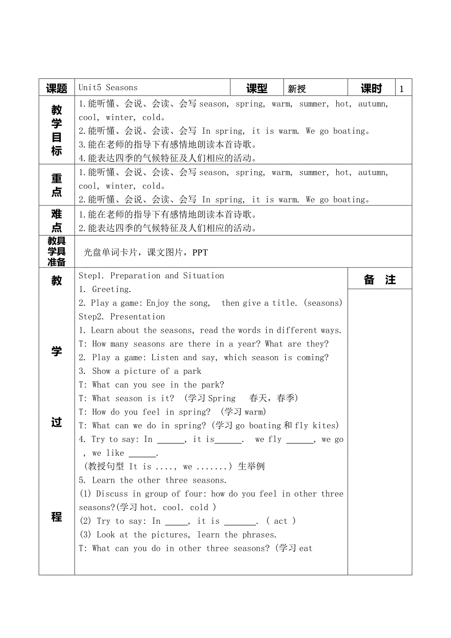 新译林牛津小学英语四年级下册Unit5教案_第1页