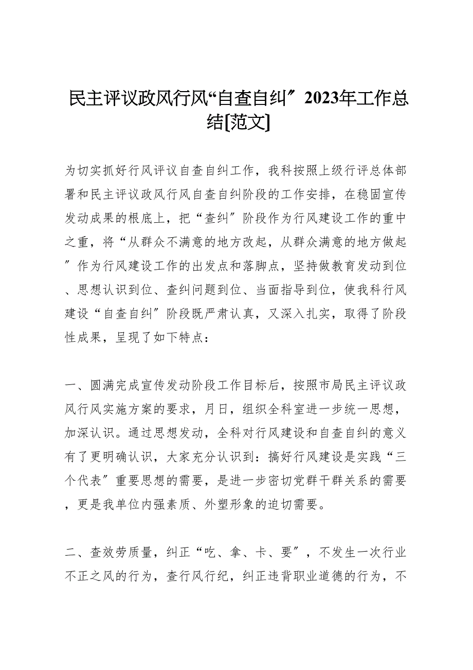 2023年民主评议政风行风自查自纠工作总结.doc_第1页