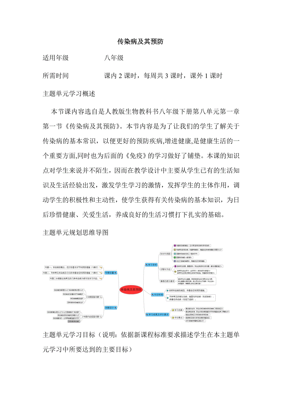 初中生物《传染病及其预防》单元教学设计以及思维导图_第1页