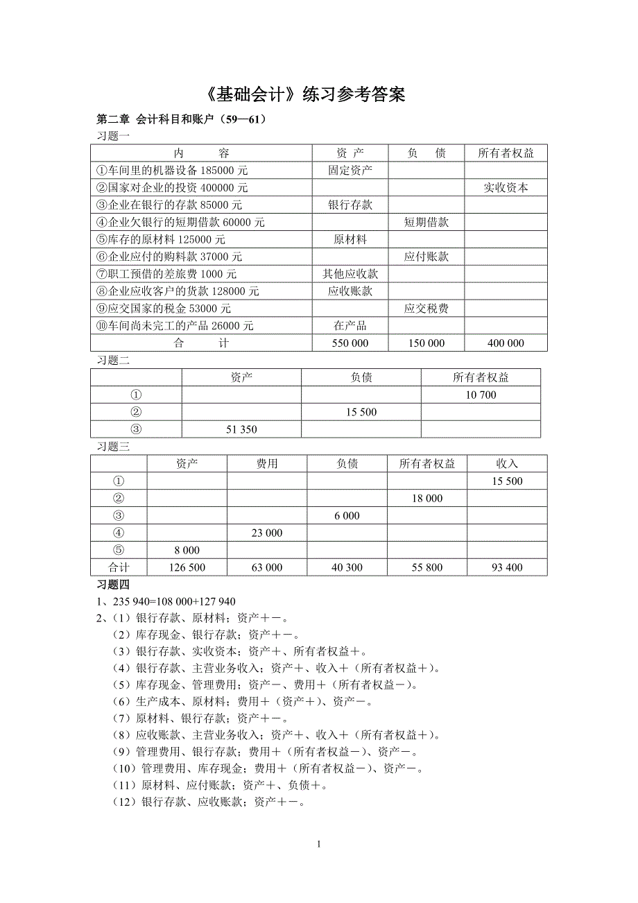 基础会计(复旦大学出版社 龚菊明) 练习题练习答案_第1页