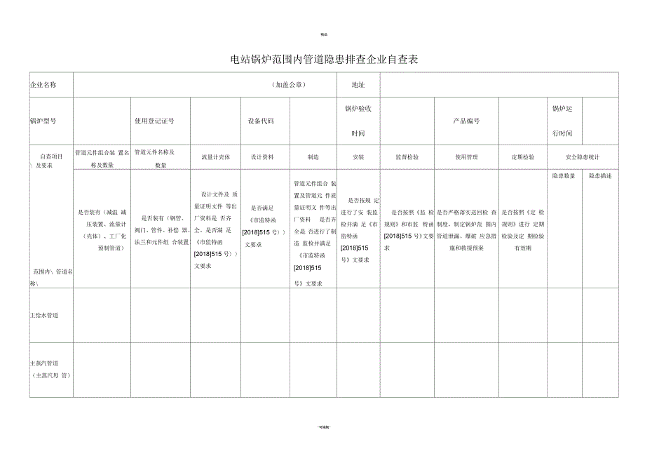 质检总局515号文电站锅炉范围内管道隐患排查企业自查表_第1页