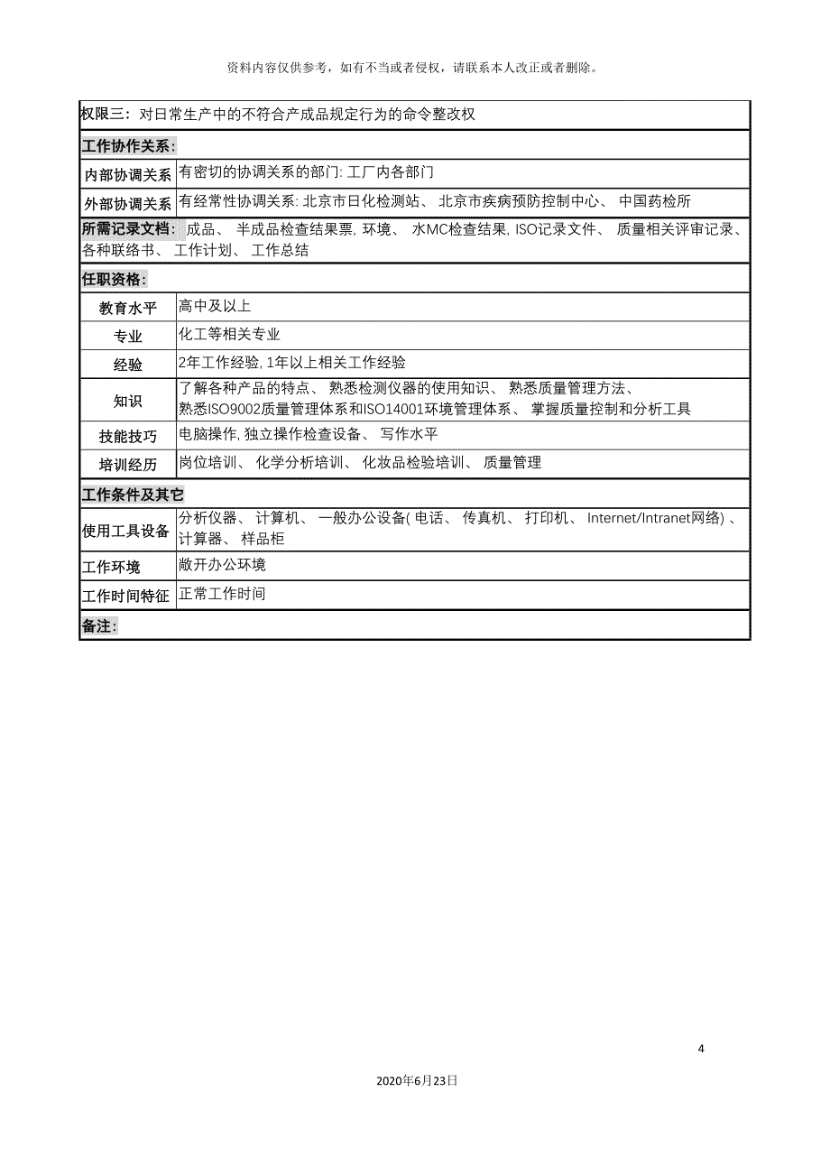 化妆品公司成品半成品检查岗岗位说明书.doc_第4页