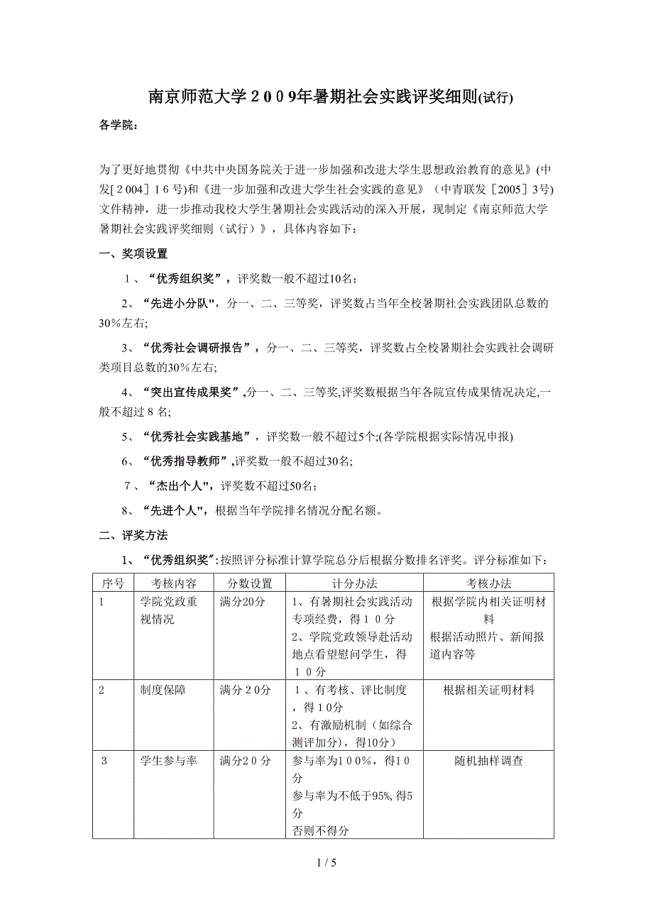 南京师范大学2009年暑期社会实践评奖细则(试行)_第1页