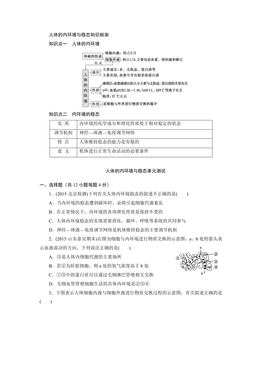 第一章人体内环境与稳态知识框架及单元测试卷.docx_第1页